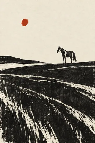 A single white horse standing small on a vast field in cream, black, charcoal, stone; portrait artwork.