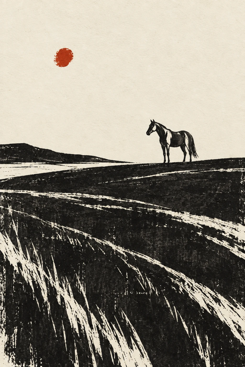 A single white horse standing small on a vast field in cream, black, charcoal, stone; portrait artwork.