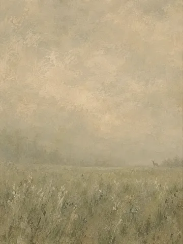 A lone deer at the far edge of a meadow in sand, stone, taupe, sage; portrait artwork.