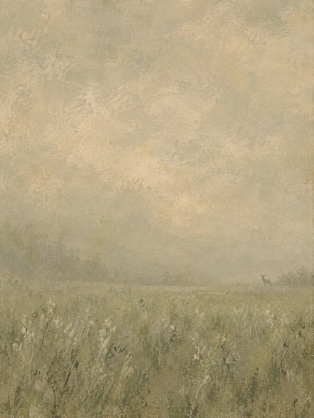 A lone deer at the far edge of a meadow in sand, stone, taupe, sage; portrait artwork.