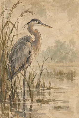 A heron standing in shallow water in sand, stone, taupe, sage; portrait artwork.