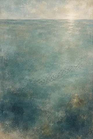 A school of small fish as a wave of marks in gray, stone, charcoal, olive; portrait artwork.