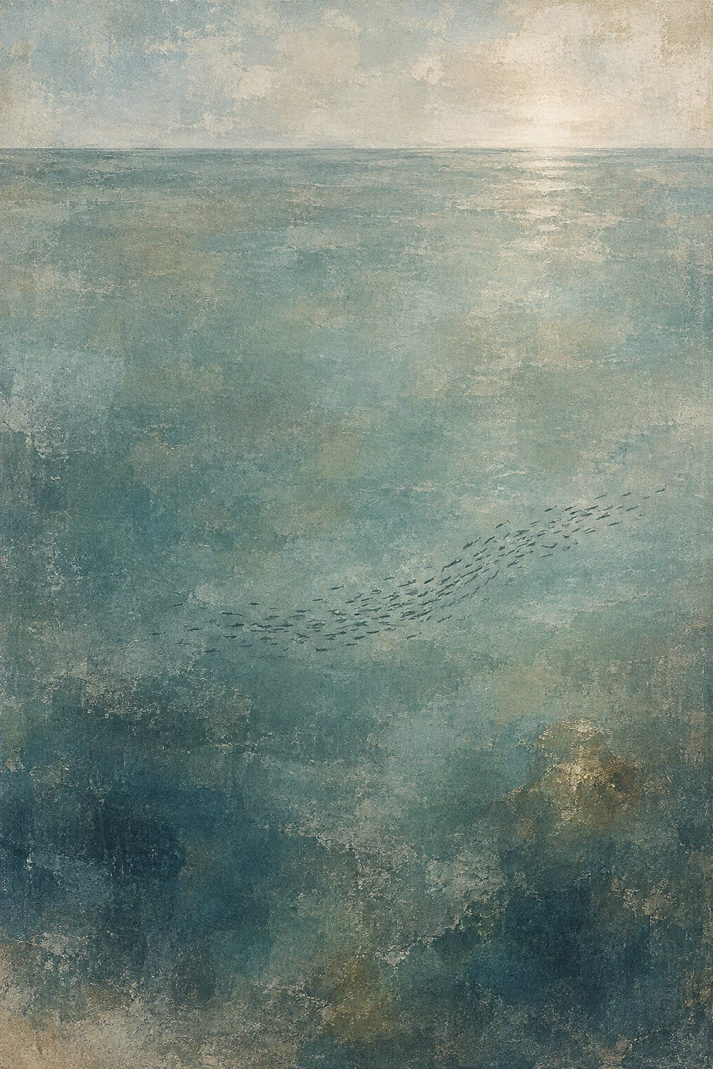 A school of small fish as a wave of marks in gray, stone, charcoal, olive; portrait artwork.