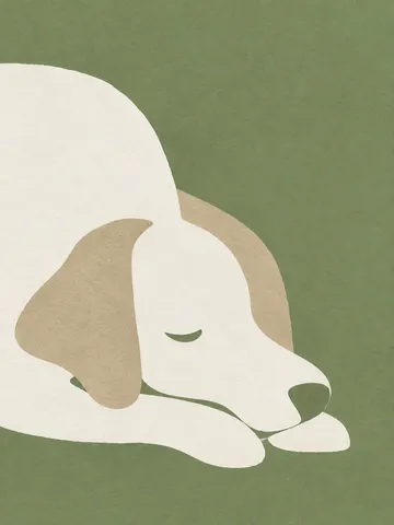 A sleeping dog drawn in a few lines in taupe, white, cream, stone; portrait artwork.