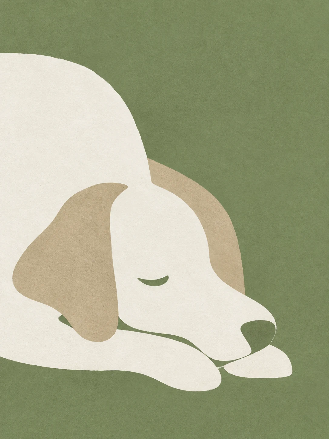 A sleeping dog drawn in a few lines in taupe, white, cream, stone; portrait artwork.