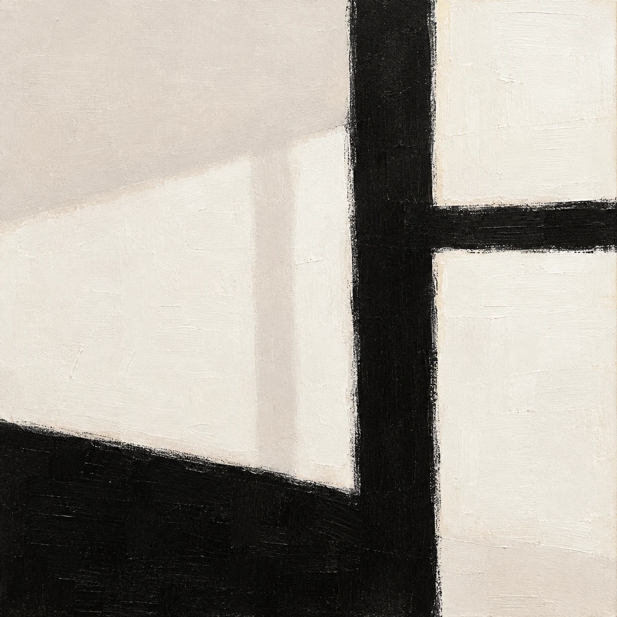 A divided-light window with muntins in cream, black, white; square artwork.