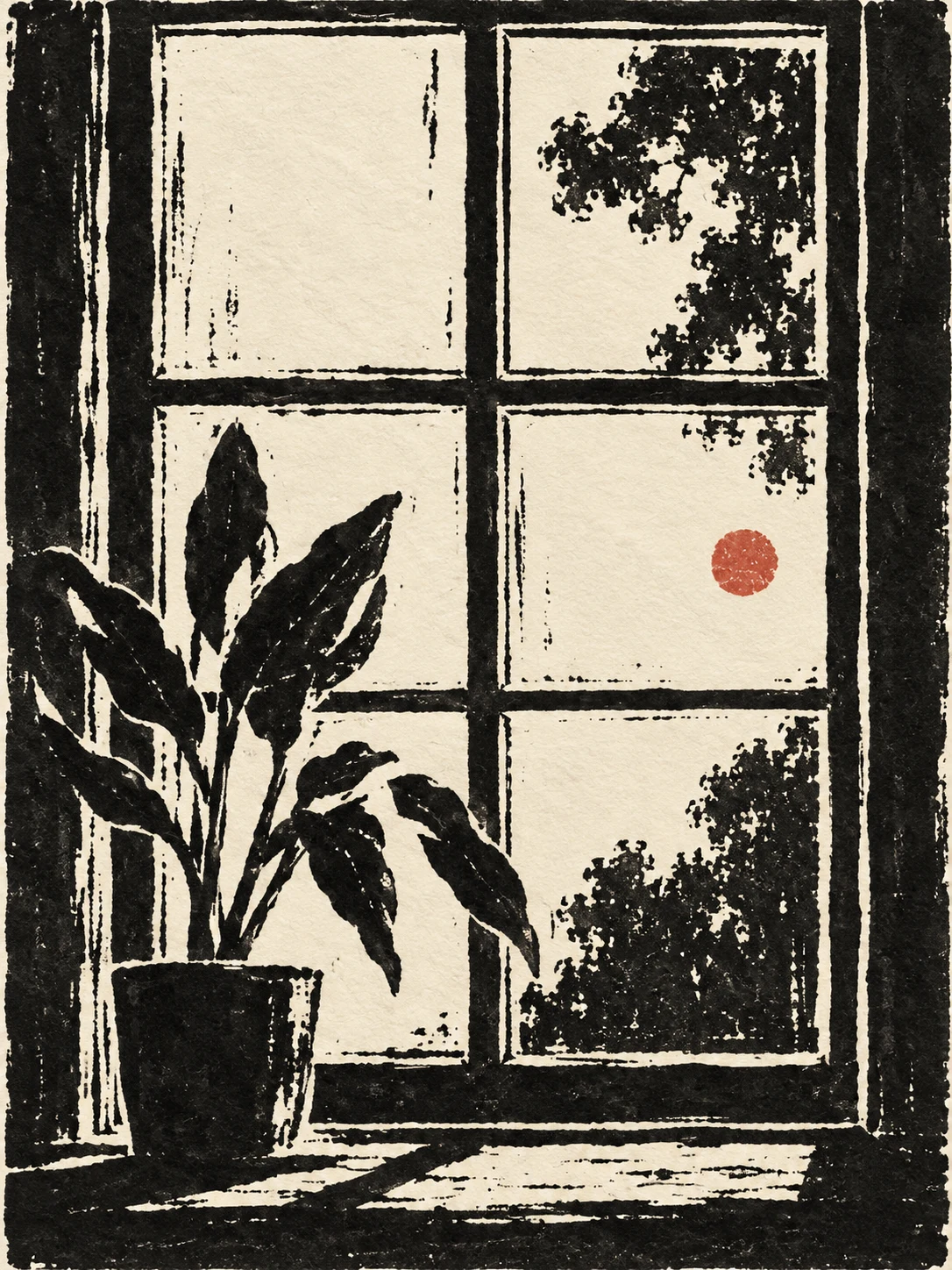 A divided-light window with muntins in black, cream, olive, charcoal; portrait artwork.