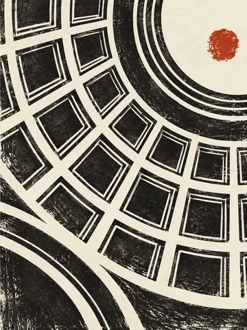A domed ceiling coffer study in black, white, taupe, olive; portrait artwork.