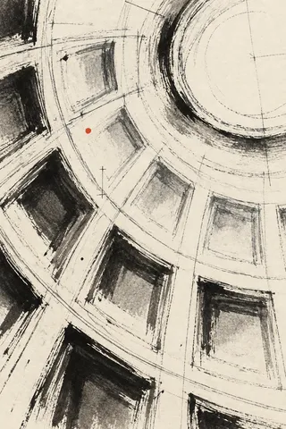 A domed ceiling coffer study in cream, black, stone, sand; portrait artwork.