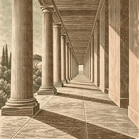 A colonnade in single-point perspective in stone, taupe, olive, cream; square artwork.
