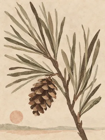 A longleaf pine bundle with one cone in cream, sand, taupe, olive; portrait artwork.