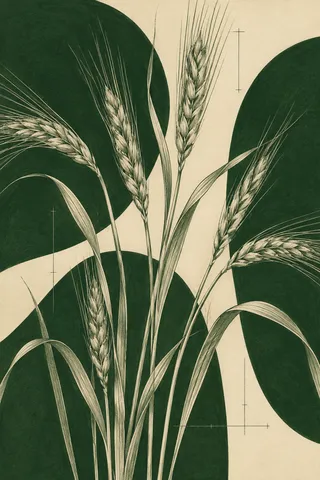 A bunch of wheat stalks in forest green, cream, sage, olive; portrait artwork.
