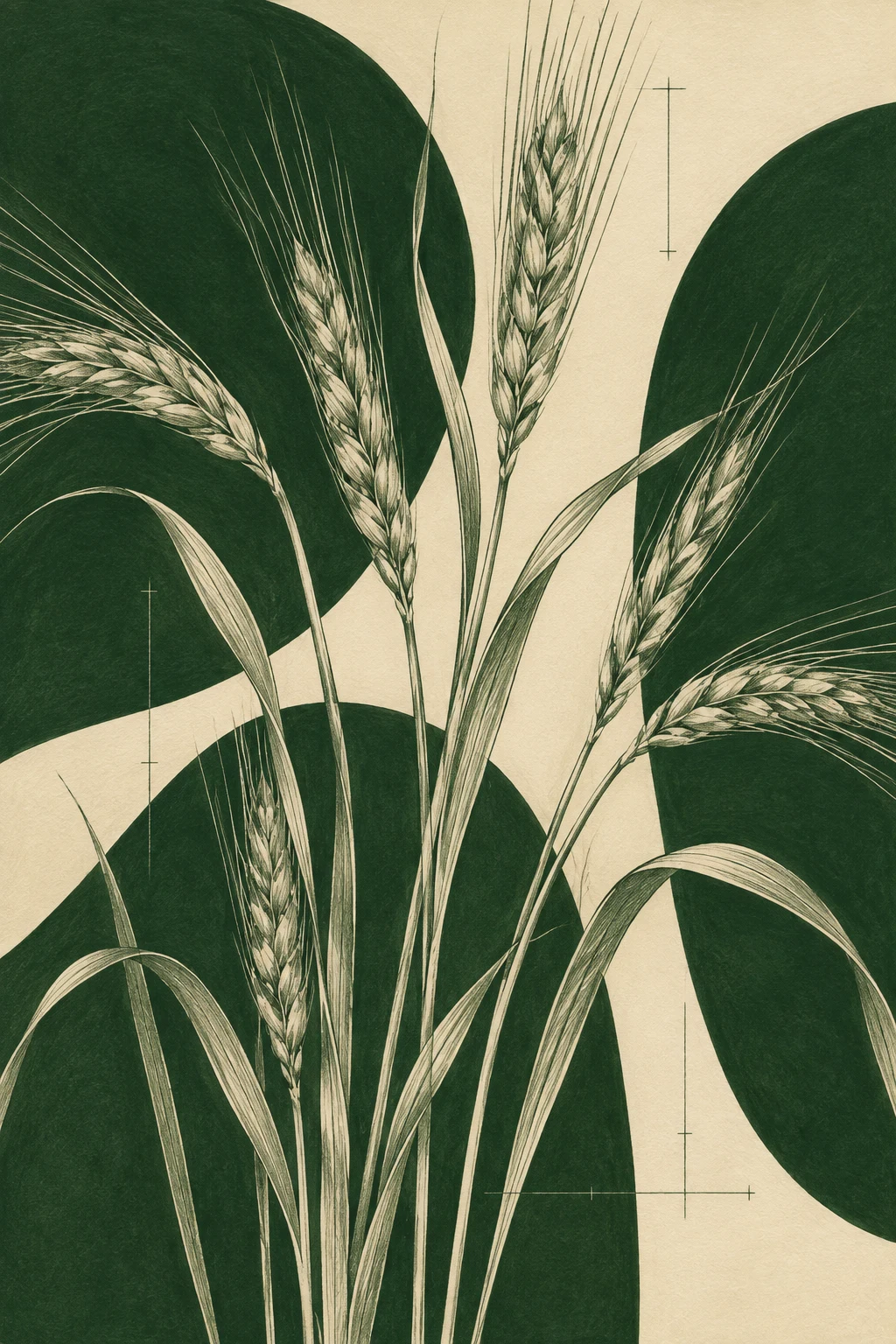 A bunch of wheat stalks in forest green, cream, sage, olive; portrait artwork.