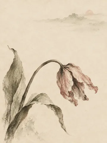 A single tulip past its best in cream, stone, taupe; portrait artwork.