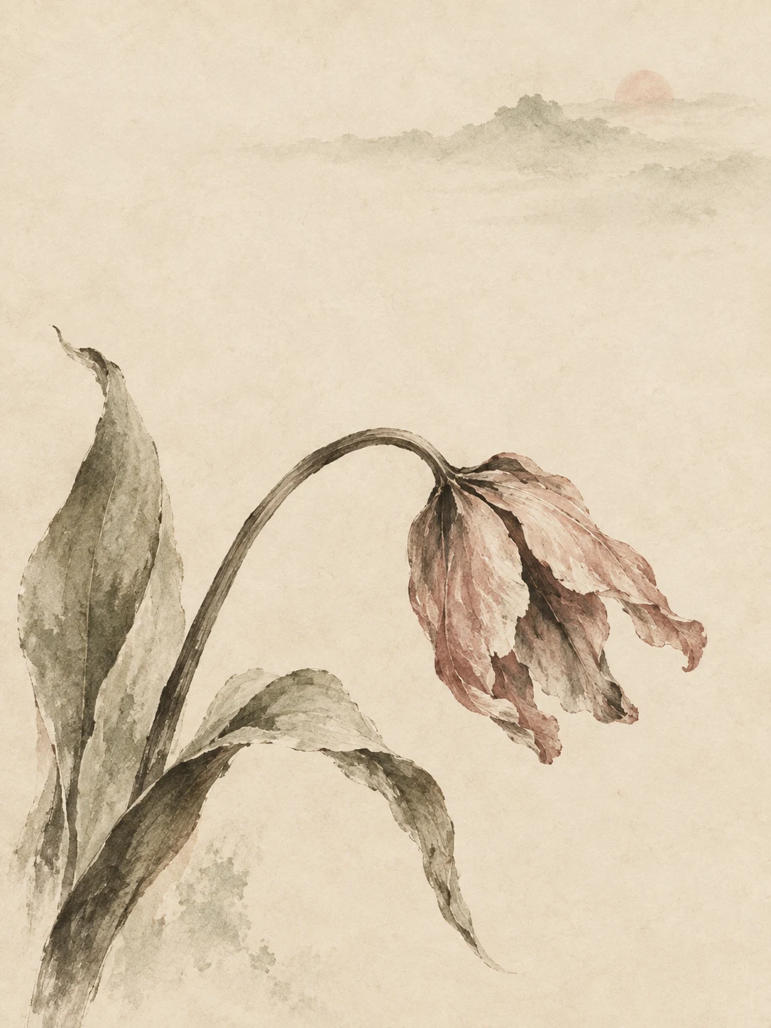 A single tulip past its best in cream, stone, taupe; portrait artwork.