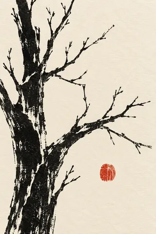 A bare winter branch in cream, charcoal, stone; portrait artwork.