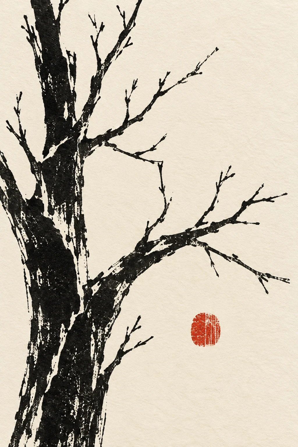 A bare winter branch in cream, charcoal, stone; portrait artwork.