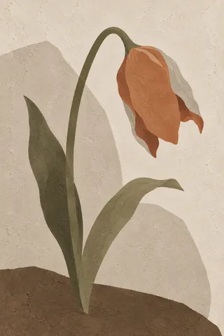 A single tulip past its best in stone, cream, brown, olive; portrait artwork.
