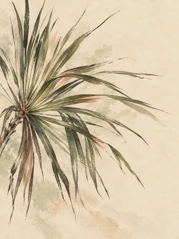 One saw palmetto frond fully open in cream, sand, stone, olive; portrait artwork.
