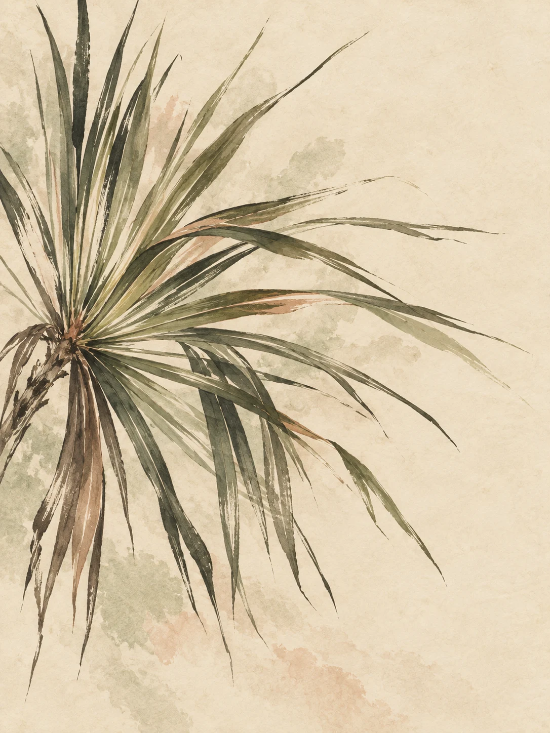 One saw palmetto frond fully open in cream, sand, stone, olive; portrait artwork.