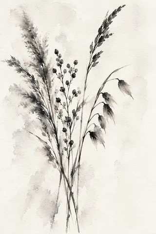 A cluster of dried grasses in a loose bunch in white, cream, stone, gray; portrait artwork.