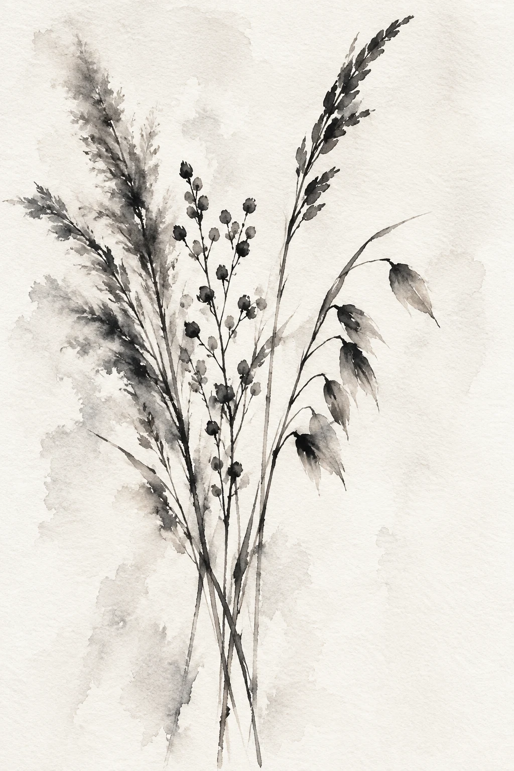 A cluster of dried grasses in a loose bunch in white, cream, stone, gray; portrait artwork.