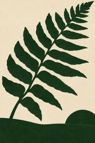 A single fern frond in cream, forest green, charcoal, black; portrait artwork.