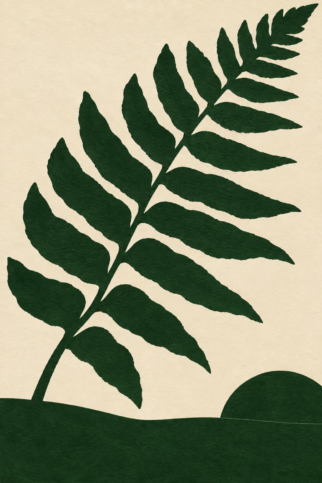 A single fern frond in cream, forest green, charcoal, black; portrait artwork.