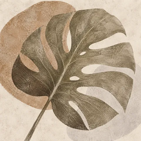 A monstera leaf silhouette in taupe, cream, sand, stone; square artwork.