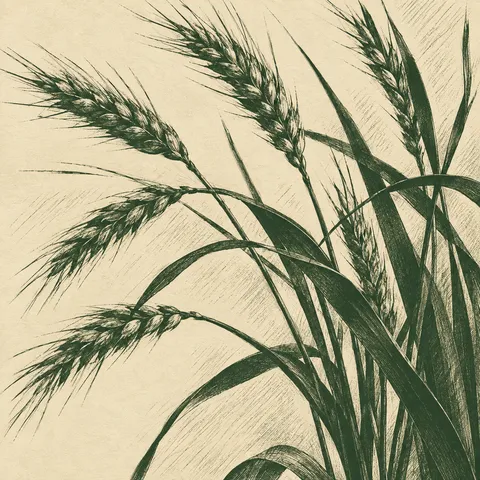 A bunch of wheat stalks in cream, charcoal, olive, taupe; square artwork.