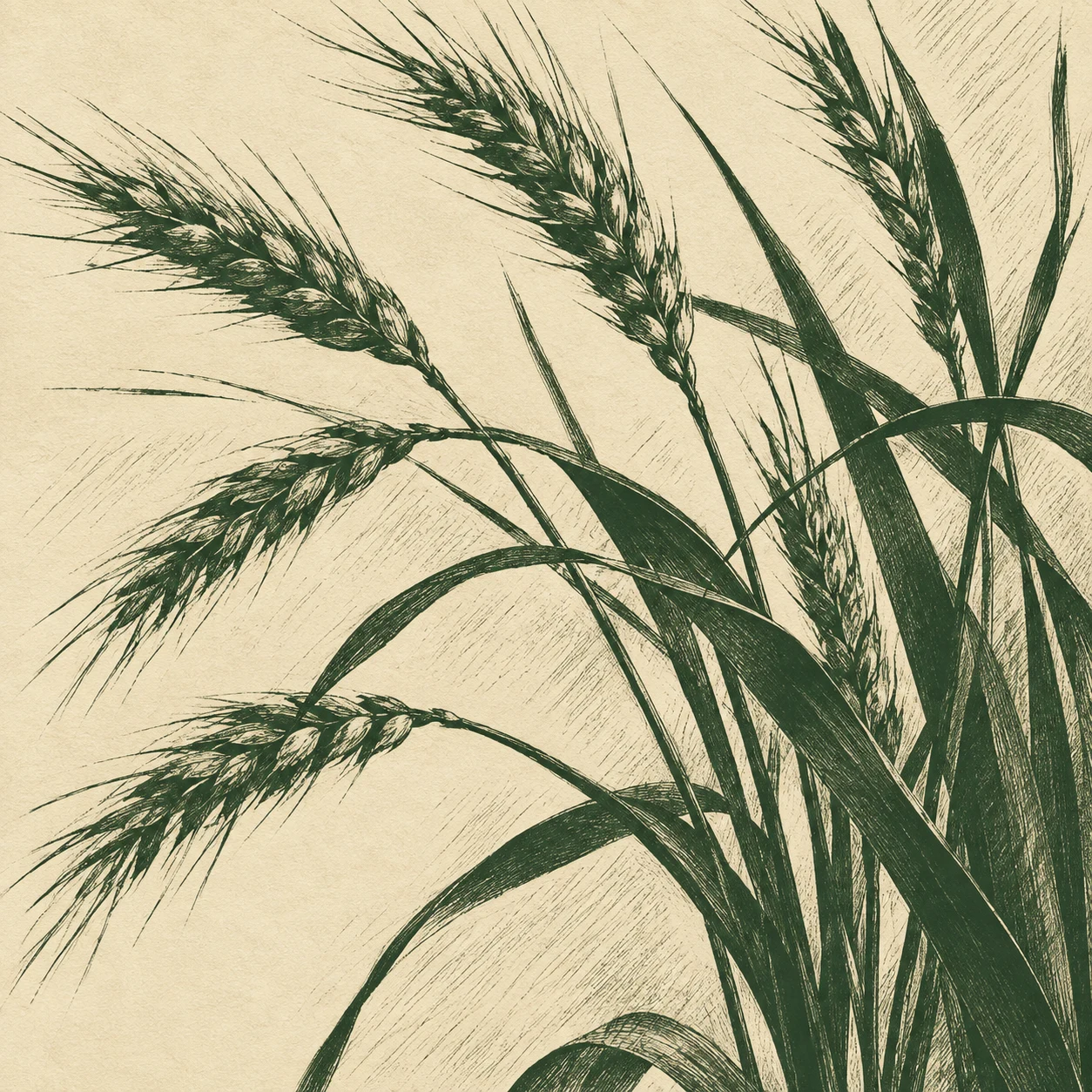 A bunch of wheat stalks in cream, charcoal, olive, taupe; square artwork.