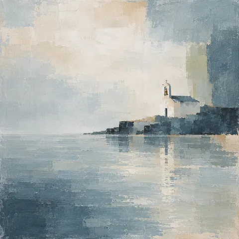 A chapel with a single bell tower, distant in stone, cream, gray, green; square artwork.