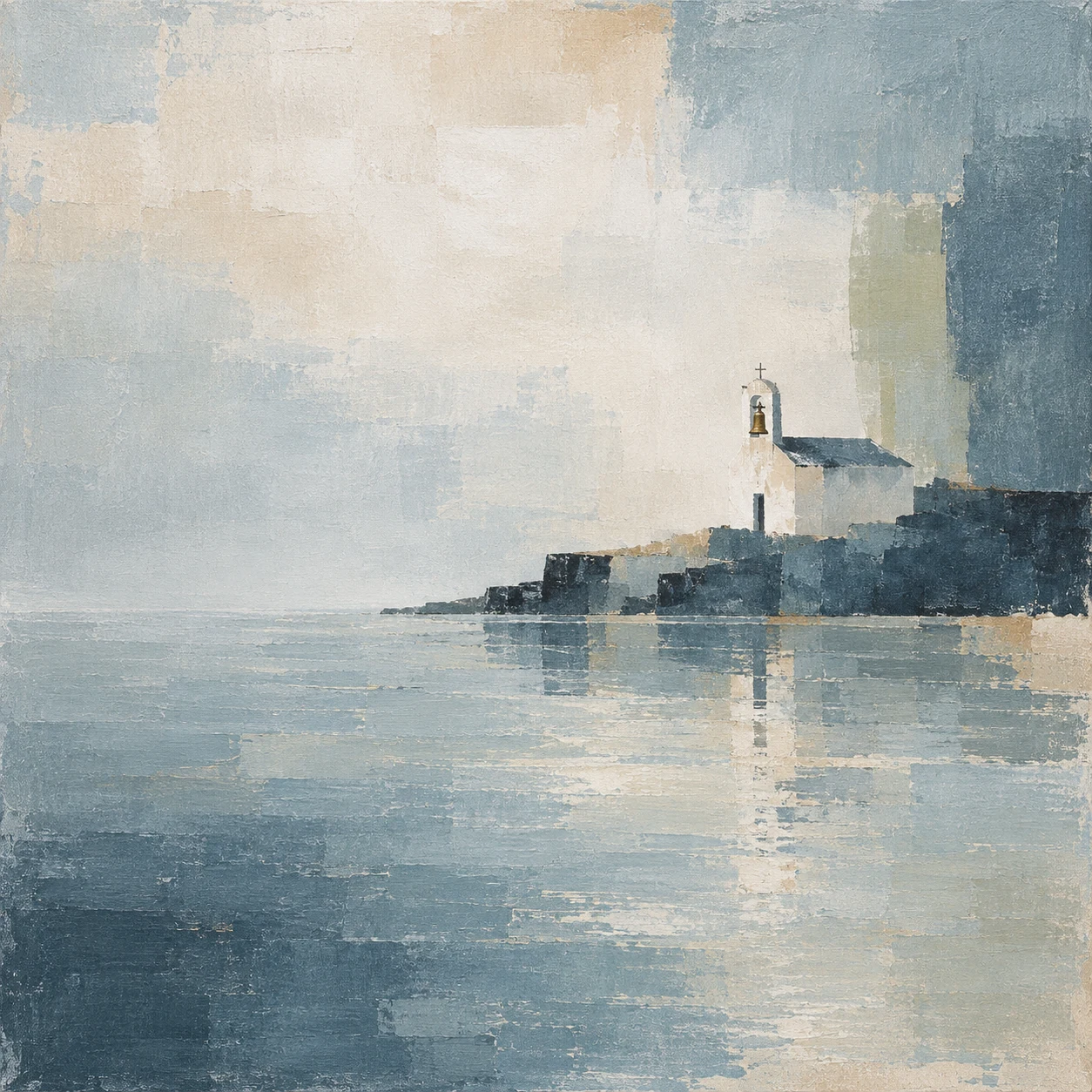 A chapel with a single bell tower, distant in stone, cream, gray, green; square artwork.