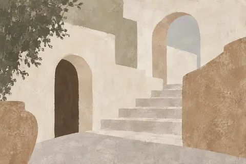 A Mediterranean stair street with arches in cream, stone, sand, olive; landscape artwork.