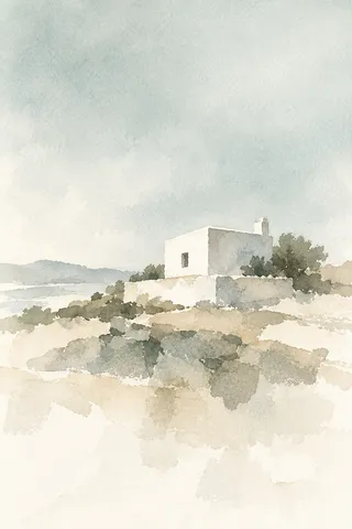 A whitewashed cubic house against a plain sky in cream, white, sand; portrait artwork.