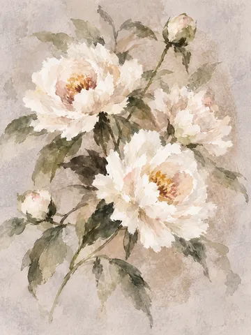 A peony spray on pale silk-toned ground in stone, cream, sand, taupe; portrait artwork.