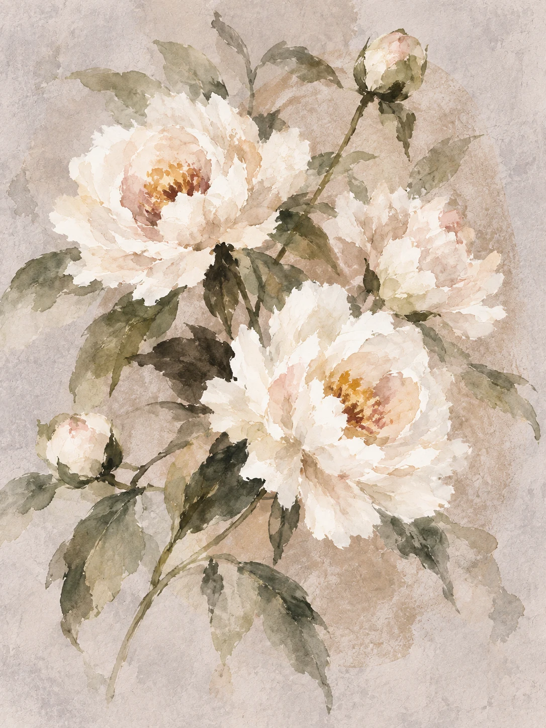 A peony spray on pale silk-toned ground in stone, cream, sand, taupe; portrait artwork.