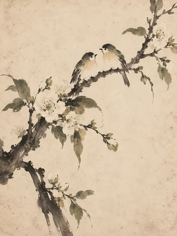 A flowering branch with two small birds in cream, stone, olive, sand; portrait artwork.