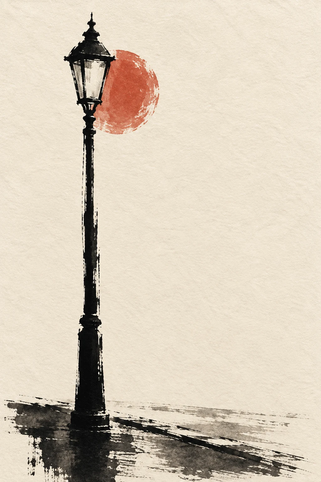 A single street lamp on an empty avenue in cream, olive; portrait artwork.