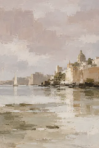 A harbour city from the water, blocks of color in stone, sand, cream, taupe; portrait artwork.