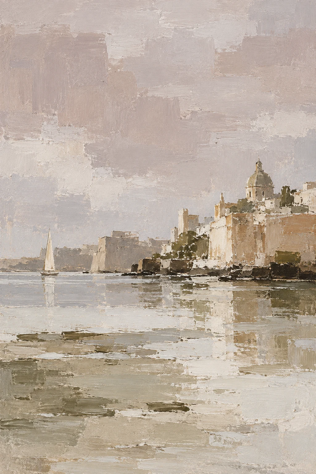 A harbour city from the water, blocks of color in stone, sand, cream, taupe; portrait artwork.
