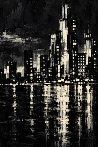 A night skyline as a few lit windows on dark in black, charcoal, sand; portrait artwork.