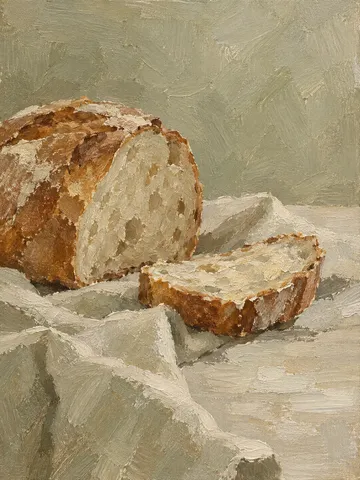 A loaf of bread on linen in sage, sand, taupe, stone; portrait artwork.