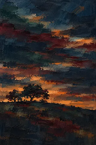 A single tree line on a ridge at dusk in black, navy, burgundy, olive; portrait artwork.