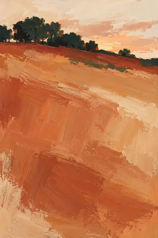 A single tree line on a ridge at dusk in terracotta, blush, ochre, cream; portrait artwork.