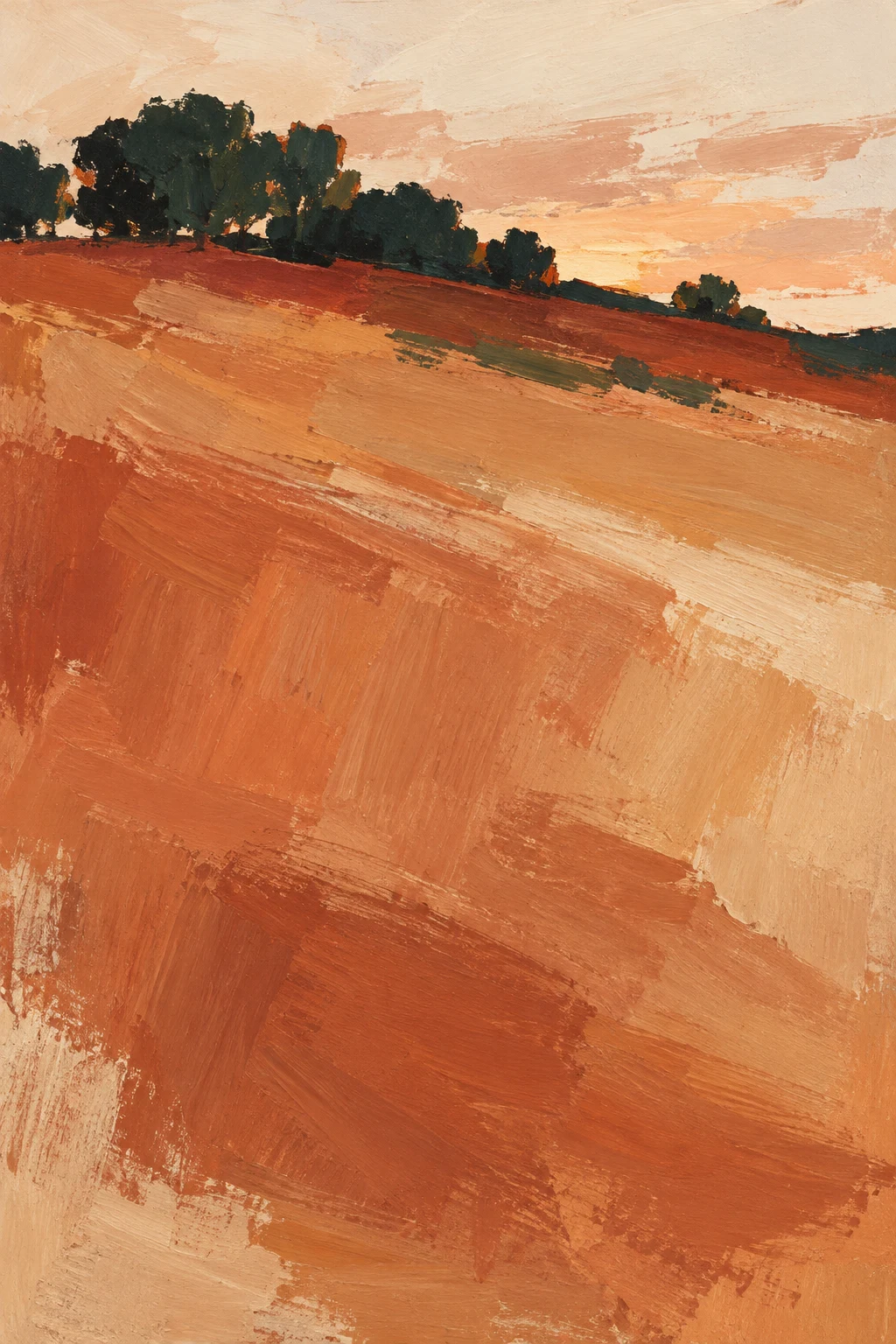 A single tree line on a ridge at dusk in terracotta, blush, ochre, cream; portrait artwork.