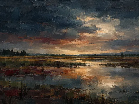 A flooded field reflecting a pale sky in black, charcoal, olive, sage; landscape artwork.