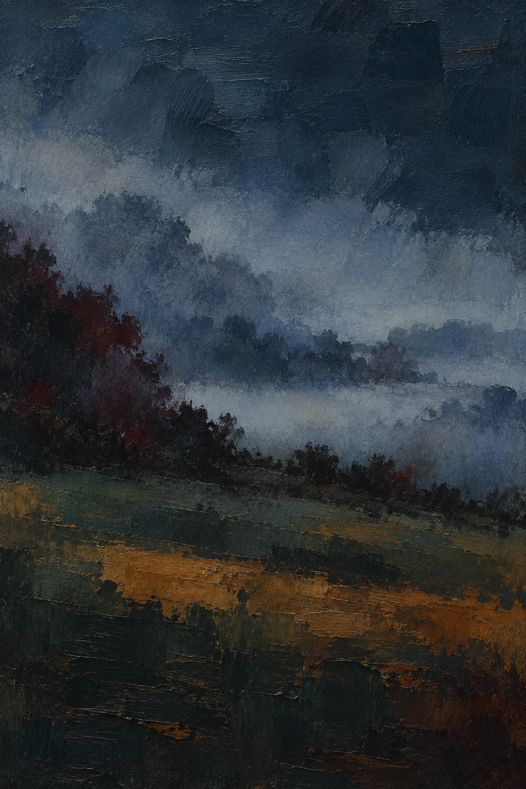 A hedgerow line in mist in black, charcoal, navy, blue; portrait artwork.