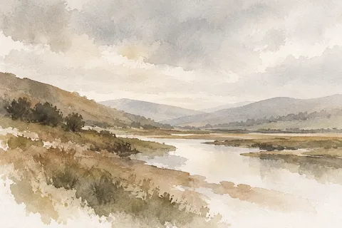 A low river valley under soft overcast light in cream, stone, sage, white; landscape artwork.
