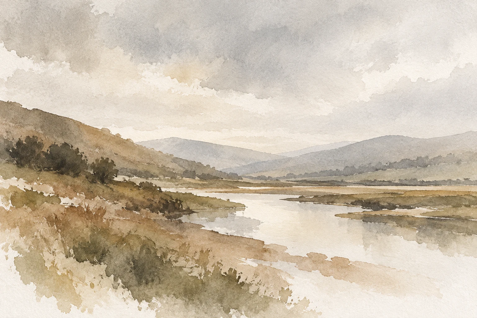 A low river valley under soft overcast light in cream, stone, sage, white; landscape artwork.